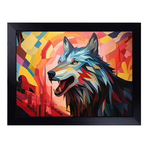 Lap Tray with Bean Bag Cushion, Wolf Orphism - Handmade in the UK, Raised Wooden Edge, Padded Cushion, Heat-Resistant Wipe-Clean Surface, for Meals, Laptops and Crafts