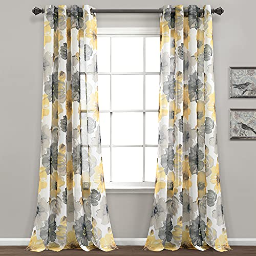 "Lush Decor Leah Room Darkening Window Curtain Panel Pair Floral Insulated Grommet, 52"" W x 84"" L, Yellow & Gray"
