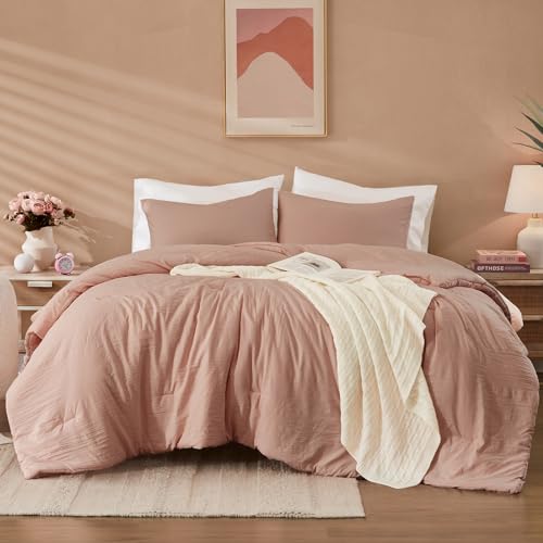 King Size Comforter Set-3 Pieces Soft Dusty Pink Comforter Bedding Set - All Seasons Prewashed Cozy Down Alternative Lightweight Comforter Sets with 2 Pillow Shams