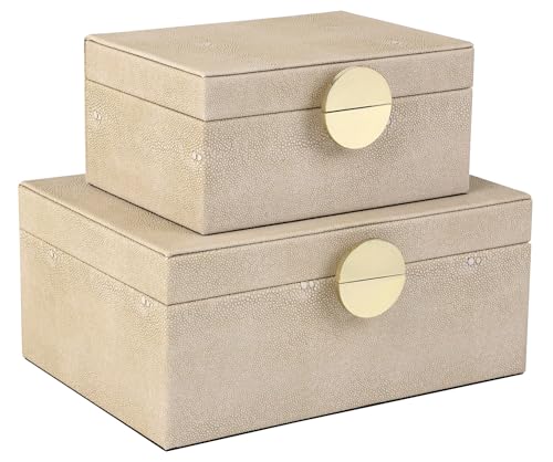 HofferRuffer Faux Leather Jewelry Boxes, Decorative Boxes Storage Accessory Organizer with Gold Hardware Decor, Classic Vegan Leather Set of 2 Pieces (Light Grey)