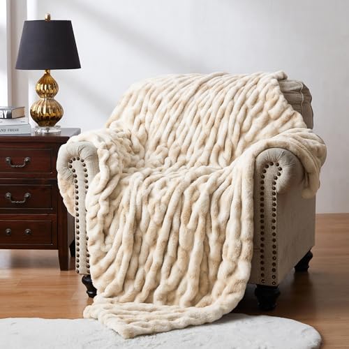 "WDCOZY Ruched Faux Fur Throw Blanket Soft Cozy Fluffy Luxurious Blankets Couch Bed Sofa Chair Home Decor Warm Furry Fall Winter Plush Rabbit Fur Bubble Blanket 60"" x 80"", Caramel"