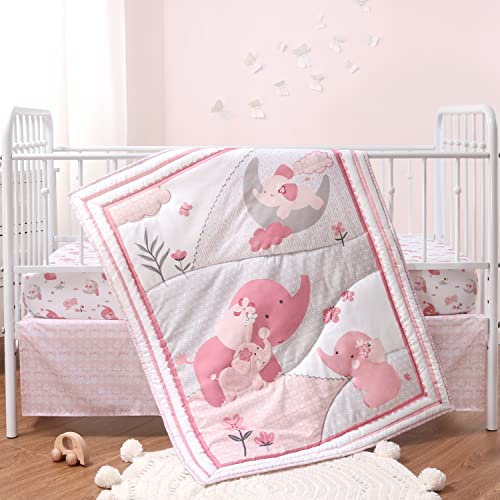 The Peanutshell Pink Elephant Crib Bedding Set - 3 Pieces - Crib Comforter, Fitted Sheet, Crib Skirt