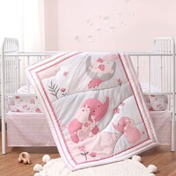 The Peanutshell Pink Elephant Crib Bedding Set - 3 Pieces - Crib Comforter, Fitted Sheet, Crib Skirt