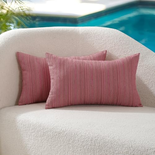 VAKADO Outdoor Chenille Pillow Covers 12x20 Set of 2,Waterproof UV Fade Resistant Stripe Patio Pillow Cushion Covers for Furniture Decorative Lumber Porch Couch Throw Pillow Cases for Garden Hot Pink