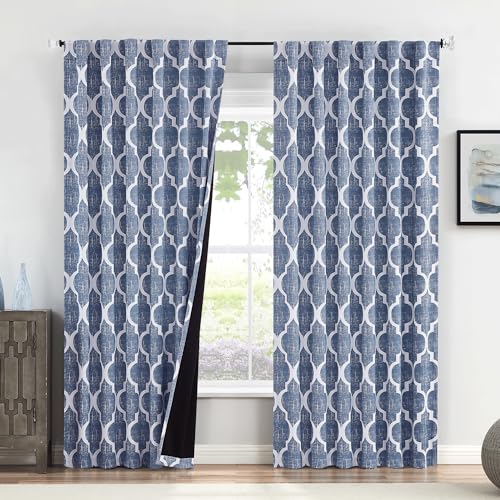 Beauoop Moroccan 100% Blackout Curtains Bedroom Blue 50x96 2 Panels - Geometric Room Darkening Drapes for Living Room 84 Inch Long Thermal Insulated Soundproof Lattice Window Treatment Rod Pocket