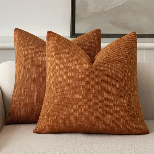Foindtower Set of 2 Decorative Textured Burlap Linen Throw Pillow Covers Farmhouse Boho Cushion Cover Solid Accent Pillowcase for Couch Sofa Bed Living Room Home Decor,20??20 Inch,Burnt Orange