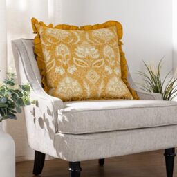 Paoletti Kirkton Floral Pleat Fringe Feather Filled Cushion - Twin Pack, Ochre, 50 x 50cm