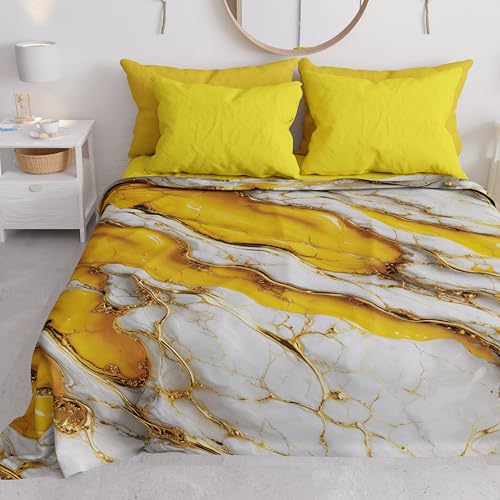 PETTI Artigiani Italiani - Double Bedspread Spring Summer Light Blanket Double Bed Sheet Yellow Marble 100% Made in Italy