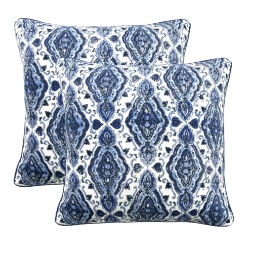 CPC Sea Blue Block Print Throw Cushion Cover 18 x 18 Inch Set 2 - Decorative Boho Floral Pillow Case for Living Room, Bed, Sofa, Couch, Home Decor Cushion Cover
