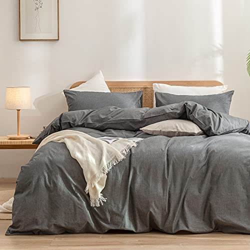 BESTOUCH Duvet Cover Set 100% Washed Cotton Linen Feel Super Soft Comfortable Chic Lightweight 2 PCs Home Bedding Set Solid Dark Grey Twin/Twin XL