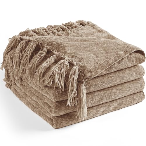 LONG CREATE - Chenille Throw Blanket for Couch 50x60 Soft Cozy Fringe Throw Blanket for Bed Couch Chair Decorative Lightweight Knit Blanket Gift Taupe