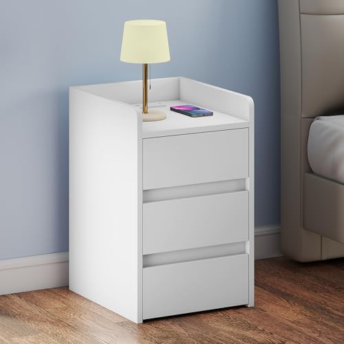 YITAHOME Bedside Table with 3 Drawers, Nightstand with a Charging Station, 2 USB Ports and Sockets, Waterproof Side Table for Bedroom White