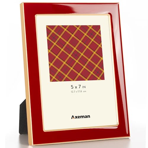 Axeman 5x7 Enamel Picture Frames with Tempered Glass-5 x 7 Modern Photo Frame with Gold Metal Edge Velvet Back for Tabletop and Wall Mount Display for Shelf, Desk & Countertop Decor, Red