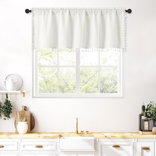 MitoVilla Boho Farmhouse Kitchen Valances for Windows, Ivory French Country Valance Curtains for Living Room/Bedroom, Modern Rustic Cotton Linen Tassel Topper Window Curtain, 52??????W x 18??????L