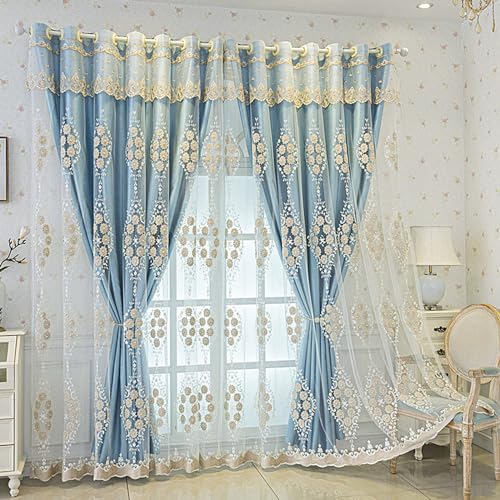 Amidoudou 1 Pair European Double Layer Curtains with Valance for Living Room Bedroom 3D Flower Embroidered Curtains (Blue,51x95 Inch)