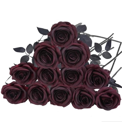 Felice Arts 12 Pack Burgundy Roses Artificial Flowers with Black Stems - Fake Flowers Bouquet for Valentines Wedding Table Vase Home Indoor Kitchen Party DIY Vampire Decor