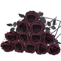 Felice Arts 12 Pack Burgundy Roses Artificial Flowers with Black Stems - Fake Flowers Bouquet for Valentines Wedding Table Vase Home Indoor Kitchen Party DIY Vampire Decor