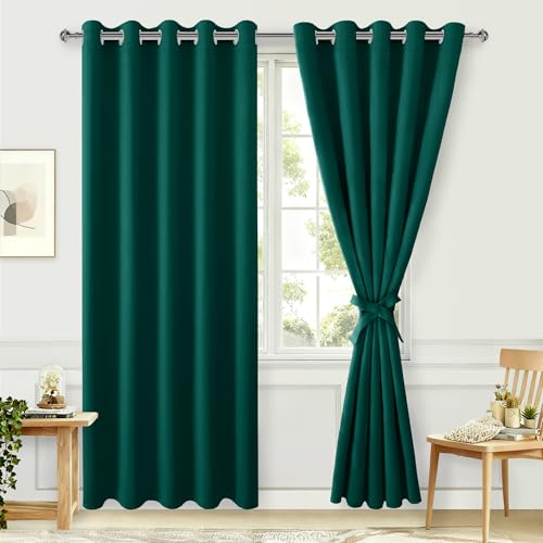 Hiasan Blackout Curtains for Bedroom, 60 x 84 Inches Long - Thermal Insulated & Energy Saving Window Curtains for Living Room, 2 Drape Panels Sewn with Tiebacks, Hunter Green