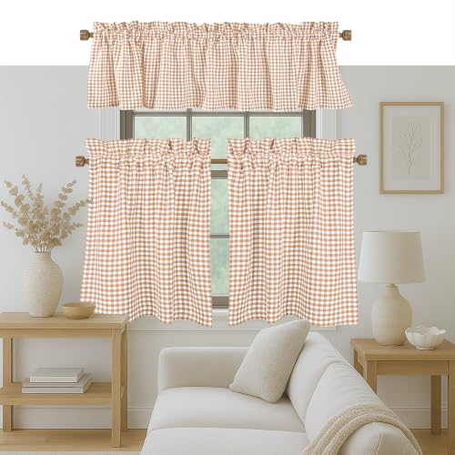 "Native Fab Gingham Plaid Check 3 Pieces Window Curtain Tiers 26""x36"" and Valance 54""x18"" Set - Rod Pocket - Semi Sheer - Short Curtain for Kitchen, Bathroom, Living Room - Beige and White"
