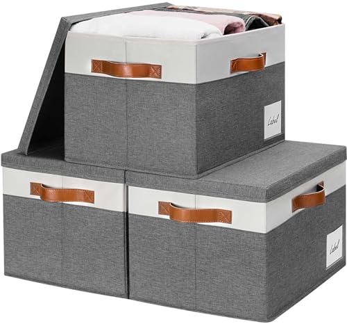 "GhvyenntteS Storage Bins with Lids (3-Pack), Large Storage Baskets with Lids and Label, Foldable Fabric Storage Boxes with Lids and 3 PU Handles for Home Bedroom Office (Grey, 15"" x 11"" x 9.7"")"
