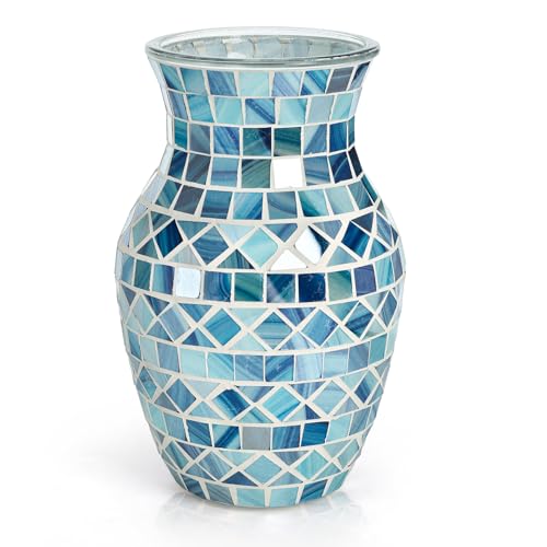 SOUJOY Mosaic Vase, Glass Blue Flower Vases for Centerpieces, Handmade Bud Vase for Wedding Flower Arrangeme, Living Room, Kitchen, Home Decor