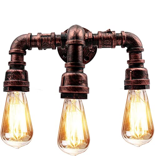 LEDSone Vintage Retro Mid Century Look Industrial Steampunk Water Pipe Wall Mount Metal Wall Light Rustic Style for Home Pub Bedroom Kitchen Hotel Farmhouse Bar E27 UK (Trident Style, Rustic Red)