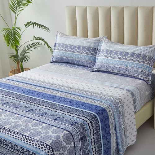 Boho Sheet Set Queen Size Blue Bohemian Striped 4 Piece Bed Sheets 14'' Deep Pocket Indian Tribal Mandala Floral Retro Bedding Sheets(1 Flat Sheet, 1 Fitted Sheet, 2 Pillowcases)