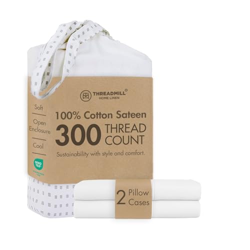 Threadmill 300 Thread Count Cotton King Sheet Set, Sateen, White, 2-Piece - 100% Cotton, Sateen Weave, 2-Piece Set, 20x40 in, Breathable, Hotel Quality, OEKO-TEX Certified, Machine Washable
