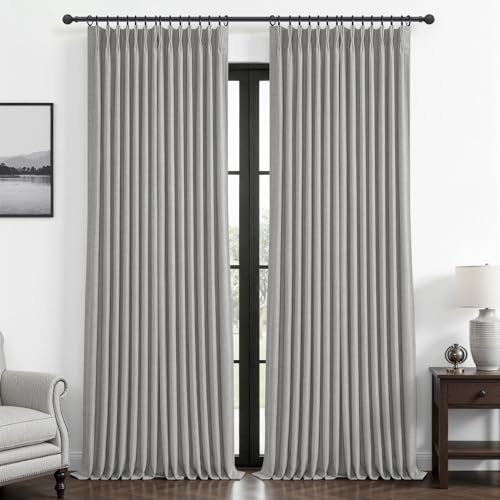 Memory Trained Pinch Pleated 90 Inch Curtains for Living Room 2 Panels Set, Light Grey Blackout Soundproof Double Layer Natural Linen Heat Blocking Privacy Rustic Windows Drapes 7-1/2 FT Length