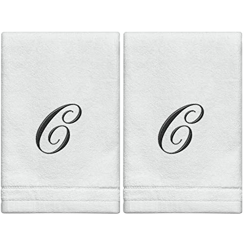 Monogrammed Towels Fingertip, Personalized Gift, 11 x 18 Inches - Set of 2- Black Embroidered Towel - Extra Absorbent 100% Cotton- Soft Velour Finish - For Bathroom/Kitchen/Spa- Initial C (White)
