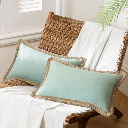 Phantoscope Pack of 2 Farmhouse Decorative Solid Throw Decorative Pillow Cover Burlap Linen Trimmed Tailored Edges Light Turquoise 12 x 20 inches, 30 x 50 cm