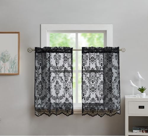 LinenZone Lace Kitchen Curtains. Window Treatment for Kitchen or Small Window. Caf?? Tiers Can Be Combined with Matching Swags or Valance for a Charming Farmhouse Look. (Fiona 30 x 24 Black)