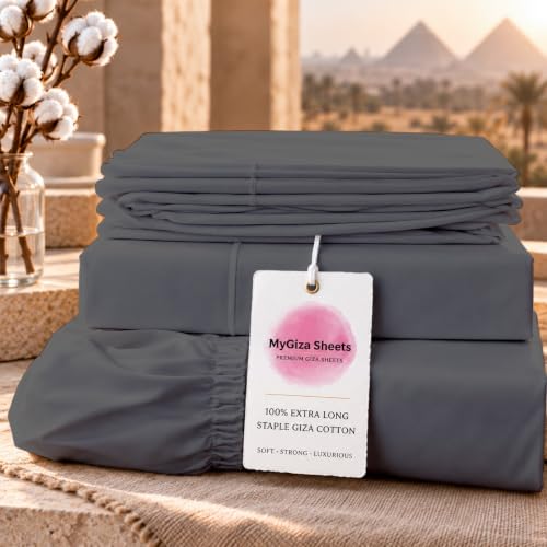 MyGiza Sheets, 100% Certified Giza Egyptian Cotton Single Bed Sheets Set to Fit Upto 15 Inches Deep Mattress (4 Pcs) Slate Grey