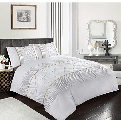 Homespace Direct Eleanor Lux Pin Tuck Duvet Cover Set White Super King Gold Laced