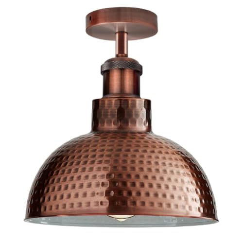 E27 Vintage Copper Hammered Semi Flush Mount Ceiling Light With 26cm Dome Shade Easy Fit Premium Quality Anti Rust Durable Metal Industrial Ceiling Lighting Fixtures for Kitchen Dining Room Bedroom