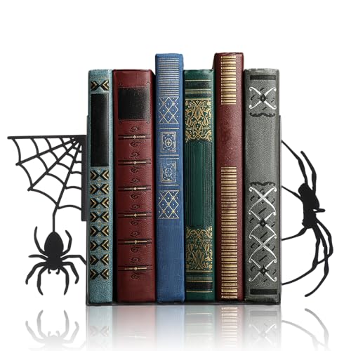 Geelin Creepy Spider Metal Bookends Set of 2 Styles Gothic Christmas Black Spider and Web Book Ends for Shelves Scary Home Office Desk Bookshelf Decor Gift for Book Lovers Reading Enthusiasts