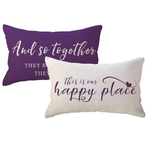 "ULOVE LOVE YOURSELF Home Saying Throw Pillow Covers with Our Happy Place Quote Rustic Farmhouse Decor Lumbar Pillow Cases 12"" x 20"",2Pack Housewarming Gifts for Sofa/Couch/Porch (Purple)"