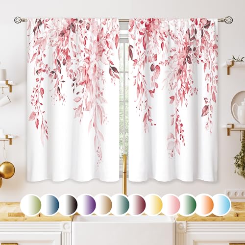 oolygoo Pink Eucalyptus Botanical Leaves Floral Kitchen Window Curtains Over Sink Farmhouse Flower Leaf Small Window Treatment Cafe Short Curtains for Bathroom Treatment Tier Drapes 27.5x39 inch