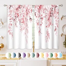 oolygoo Pink Eucalyptus Botanical Leaves Floral Kitchen Window Curtains Over Sink Farmhouse Flower Leaf Small Window Treatment Cafe Short Curtains for Bathroom Treatment Tier Drapes 27.5x39 inch
