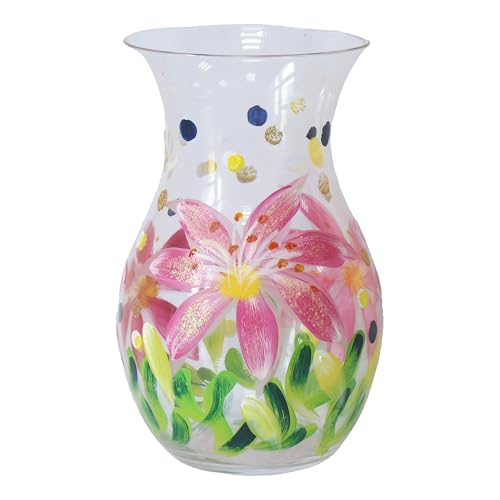 L & P Home & Gifts Hand Painted Glass Lynsey Johnstone Lilies Vase For Home & Kitchen - Lovely Home Décor Daily Use Accessory for Milk, Cream, and Water - Reusable & Practical Gift for Women and Men