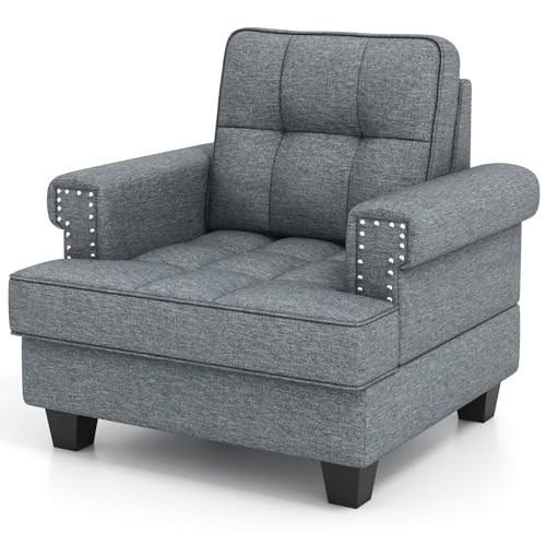 RELAX4LIFE Modern Accent Chair, Linen Fabric Button Tufted Single Sofa Armchair with Removable Pillow & Thick Legs, Padded Resting Leisure Guest Chair for Living Room Bedroom Office (Grey)