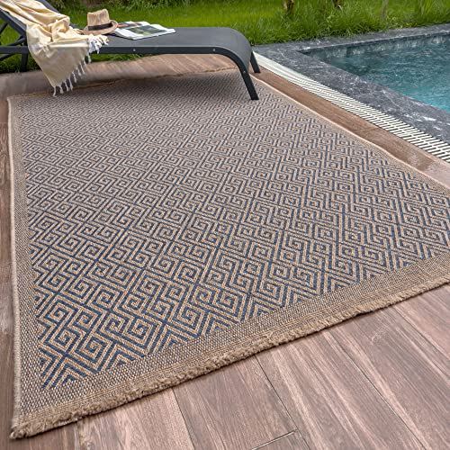 THE RUGS Nature Collection Outdoor Rug – Indoor/Outdoor Tona Border Area Rug for Patio, Deck, Garden, Kitchen, Bathroom or Living Room (Greek Key-Blue, 80 x 150 cm)