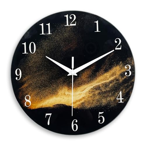 Constantplanet Black Wall Clock for Living Room 14 Inch Glass Analog Wall Clock Battery Operated Silent Clock for Bedroom Office