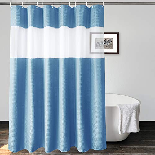 UFRIDAY Blue Waffle Weave Fabric Shower Curtain with Mesh Window 74 Inch Long Shower Curtain, Heavy Duty Decorative Bathroom Curtain Spa-Like Hotel Luxury, Water-Repellent