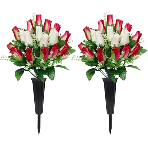 2 Sets Artificial Cemetery Flowers with Vase ??? Memorial Flowers Bouquet & Heavy-Ground Spike Vases ??? Fade-Proof, Windproof Grave Memorial Flowers for Cemetery Headstones Decoration (Rose red white)