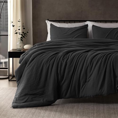 SLEEP ZONE Twin/Twin XL Comforter Set, Duvet Insert with Natural Wrinkle Texture, Cotton-Linen Feel, Lightweight and Breathable Fluffy Bedding Sets with 1 Comforter and 1 Pillow Shams (Washed Black)