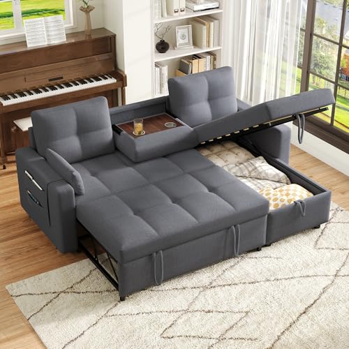 Ball & Cast L‑Shaped Convertible Corner Sofa Bed with Pull‑Out Sleeper, Reversible Chaise, Storage Compartment & Drop‑Down Cup Holder, Linen Fabric Sofa with 2 Cushions, for Living Room/Bedroom, Grey