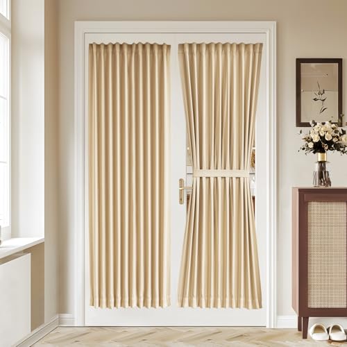 Vatge Self-Adhesive French Door Curtains - No Drill Rodless Blackout Panels for Sliding Glass Doors, 1 Panel, W36 x L72, Beige