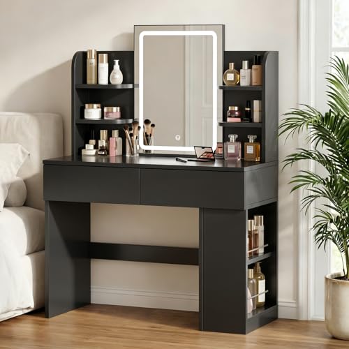 JUMMICO Dressing Table with LED Mirror,Vanity Desk with 2 Large Drawers,Adjustable Brightness,Makeup Table with Open Shelves and Sideboard,Bedroom Furniture (Black, 90cm)