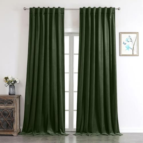 Benedeco Green Velvet Curtains for Bedroom Window with Back Tab, Super Soft Vintage Luxury Heavy Drapes, Room Darkening Thermal Insulated Curtain for Living Room, W52 by L90 inches, 2 Panels